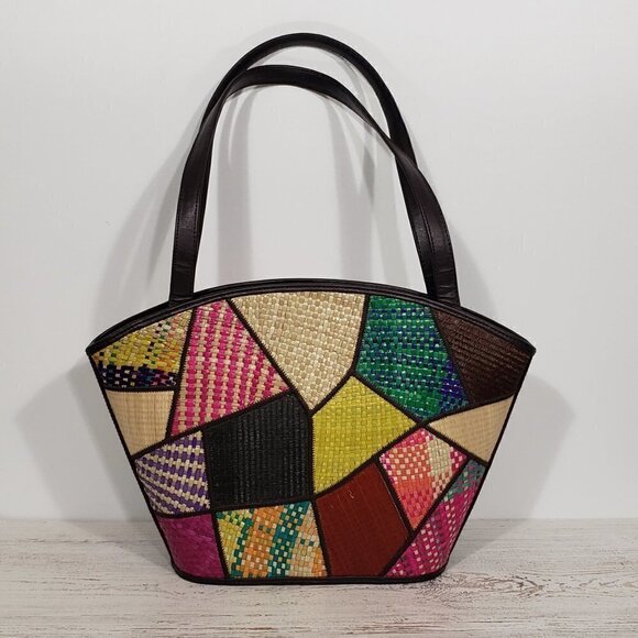 Le Sac Purse Buri Palm Natural Fiber Handbag Purse NWOT Colorful Patchwork - Picture 3 of 5